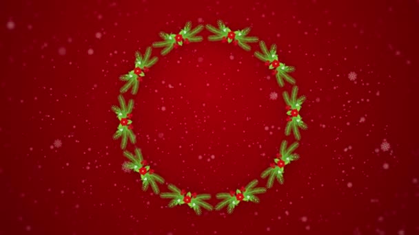 Kerstkrans Animatie Ronde Bloemkader Met Decoraties Snoepjes Klokken Rode Strikken — Stockvideo