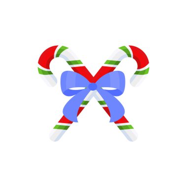 Mavi kurdeleli Noel şekeri. Kapı çelengi dekorasyonu için tasarım elemanı. Tebrik kartları için bayram ikonu. Düz vektör çubuk çizimi beyaza izole edildi.