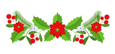 Noel çiçekli sınırı. Spruce Evergreen şubesi, poinsettia ve Holly berry. Tebrik kartları, posterler ve şablonlar için kış tatili süsü. Düz çizgi film vektör simgesi.