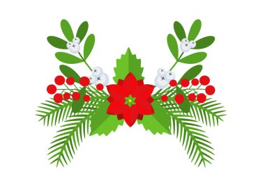 Noel çiçekli sınırı. Spruce Evergreen şubesi, poinsettia ve Holly berry. Tebrik kartları, posterler ve şablonlar için kış tatili süsü. Düz çizgi film vektör simgesi.