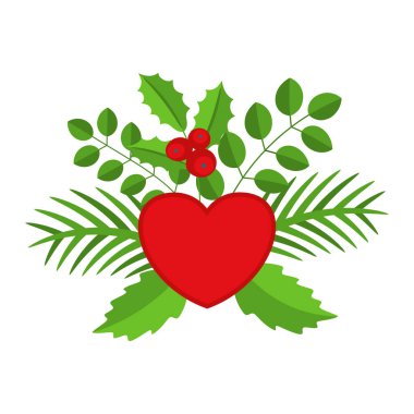 Noel çelengi tasarımı. Spruce Evergreen şubesi, kalp ve çoban üzümü. Kırmızı kurdeleler, hediye kutuları ve kalp. Tebrik kartları için kış tatili süsü. Düz çizgi film vektör simgesi.