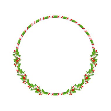 Noel çelengi. Süslemeleri, şekerlemeleri ve çanları olan yuvarlak bir çiçek çerçevesi. Kırmızı kurdeleler, hediye kutuları ve şeritli kurdeleler. Geleneksel kış çelengi. Düz vektör illüstrasyonu.
