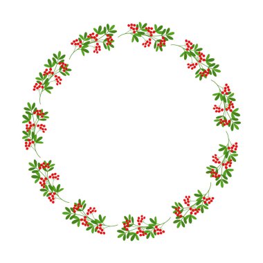 Noel çiçekli çelenk çerçevesi. Spruce Evergreen şubesi, poinsettia ve Holly berry. Tebrik kartları, posterler ve şablonlar için kış tatili süsü. Düz çizgi film vektör simgesi.