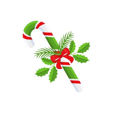 Kırmızı kurdeleli Noel şekeri. Kapı çelengi dekorasyonu için tasarım elemanı. Tebrik kartları için bayram ikonu. Düz vektör çubuk çizimi beyaza izole edildi.