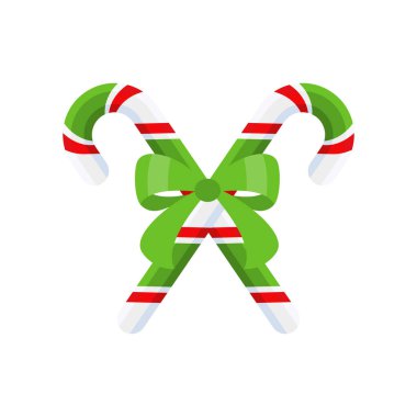 Kırmızı kurdeleli Noel şekeri. Kapı çelengi dekorasyonu için tasarım elemanı. Tebrik kartları için bayram ikonu. Düz vektör çubuk çizimi beyaza izole edildi.