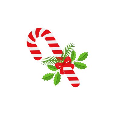 Noel Şeker Çubuğu. Kapı çelengi dekorasyonu için tasarım elemanı. Tebrik kartları için bayram ikonu. Düz vektör çubuk çizimi beyaza izole edildi.