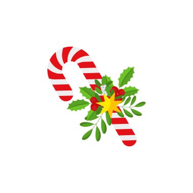 Noel Şeker Çubuğu. Kapı çelengi dekorasyonu için tasarım elemanı. Tebrik kartları için bayram ikonu. Düz vektör çubuk çizimi beyaza izole edildi.