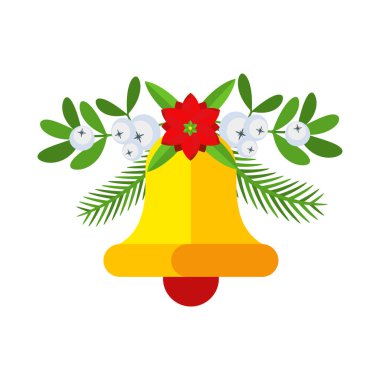 Noel çanları, ağaç dalları, çiçekler ve böğürtlenlerle süslenmiş bir çelenk. Kapı çelengi tasarım elementi. Tebrik kartları, posterler ve şablonlar için kış tatili süsü. Düz çizgi film vektör simgesi.