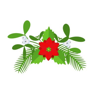 Noel çelengi tasarımı. Spruce Evergreen şubesi, poinsettia ve Holly berry. Tebrik kartları için kış tatili süsü. Düz çizgi film vektör simgesi.