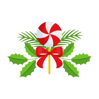 Noel çelengi tasarımı. Spruce Evergreen şubesi, Pointtia. Holly Böğürtlen ve lolipop. Tebrik kartları için kış tatili süsü. Düz çizgi film vektör simgesi.