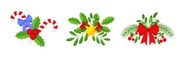 Noel çelengi tasarımı seti. Spruce Evergreen şubesi, poinsettia ve Holly berry. Kırmızı kurdeleler, hediye kutuları ve şeritli kurdeleler. Kış tatili dekorasyonu. Düz çizgi film vektör simgesi.