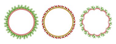 Noel çiçekli çelenk seti. Spruce Evergreen şubesi, poinsettia ve Holly berry. Tebrik kartları, posterler ve şablonlar için kış tatili süsü. Düz çizgi film vektör simgesi.