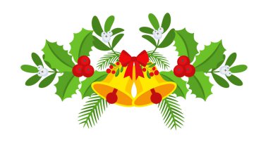 Noel çanları, ağaç dalları, çiçekler ve böğürtlenlerle süslenmiş bir çelenk. Kapı çelengi tasarım elementi. Tebrik kartları, posterler ve şablonlar için kış tatili süsü. Düz çizgi film vektör simgesi.