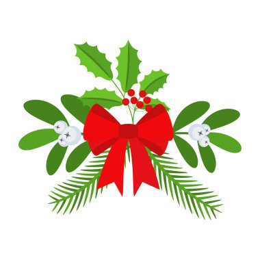 Noel çelengi tasarımı. Spruce Evergreen şubesi ve Holly Berry. Kırmızı kurdeleler, hediye kutuları ve şekerler. Tebrik kartları için kış tatili süsü. Düz çizgi film vektör simgesi.