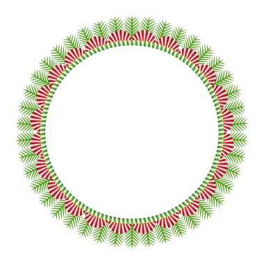 Noel çiçekli çelenk çerçevesi. Spruce Evergreen şubesi, poinsettia ve Holly berry. Tebrik kartları, posterler ve şablonlar için kış tatili süsü. Düz çizgi film vektör simgesi.