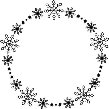 Kar tanesi dairesi çerçevesi. Sınırda kar taneleri var. Noel ve Yeni Yıl tebrik kartları ve afişler için tasarım malzemeleri. Beyaz arkaplanda tatil dekorasyonu izole edildi.