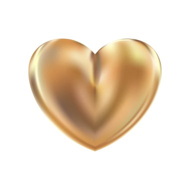 Beyaz arka planda izole edilmiş altın gerçekçi kalp ikonu. 3d vektör illüstrasyonu. Aşkın lüks sembolü. Sevgililer Günü için altın dekoratif tasarım unsuru, düğün kartı, davetiye.