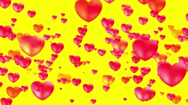 情人节激励着飞舞的心 黄色背景上浪漫柔嫩的粉红心形 圣瓦伦丁第2天动画 结婚周年纪念日 漂浮的白色尘埃粒子 — 图库视频影像