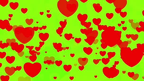 バレンタインデーは空飛ぶハートの背景をアニメーション化しました 緑色のスクリーンのロマンチックな柔らかい赤い心臓 聖バレンタインデー2Dアニメーション 結婚記念日に フローティングホワイトダスト粒子 — ストック動画