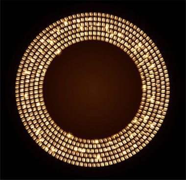 Altın mozaik yuvarlak çerçeve. Altın lüks daire logosu. Karışık amblem. Noktalı doku kenarı. Vektör illüstrasyonu E10.