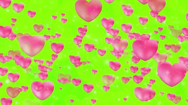 情人节动画背景带着飞扬的心 在绿色的屏幕上 浪漫温柔的粉红的心 圣瓦伦丁第2天动画 结婚周年纪念日 漂浮的白色尘埃粒子 — 图库视频影像