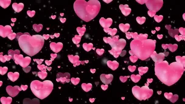 情人节激励着飞舞的心 浪漫柔嫩的粉色心在黑色的背景上 圣瓦伦丁第2天动画 结婚周年纪念日 漂浮的白色尘埃粒子 — 图库视频影像