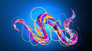 Üç boyutlu kıvrımlı yanardöner çizgi. Birbirine dolanmış soyut sıvı geometrik şekiller. Renkli sıvı eğrisi. Modern trend parlak dalgalar hareket akışı. Vektör illüstrasyonu E10.