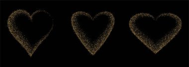 Altın parıltılı kalp çerçevesi hazır. Şatafatlı pırıltılı kalp şekli. Aşkın parlak sembolü. Altın kum ödül etiketi. Sevgililer Günü için sihirli etiket, düğün kartı, davetiye. Vektör illüstrasyonu, EPS 10.