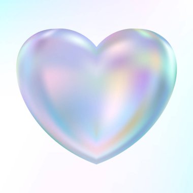 Holografik sedef kalp. Opal kalp şeklinde. Sihirli aşk tılsımı. Üç boyutlu hologram elementi. Metalik gökkuşağı ikonu. Yanardöner, akıcı bir eğilim. Vektör illüstrasyonu EPS10.