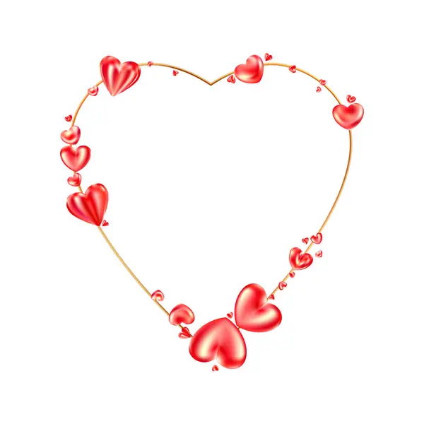 白い背景に隔離された赤い光沢のある現実的なハート フレーム 3Dベクトルイラスト 愛のラグジュアリーシンボル バレンタインデー 結婚式カード 招待のための赤い金の装飾的な設計要素 — ストックベクタ