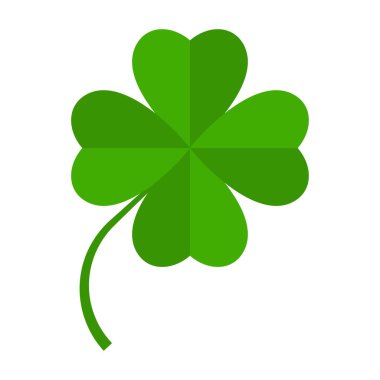 Düz yonca ikonu. Clover 4 logoyu terk ediyor. Yeşil çiçek sembolü. Dört katlı folyo işareti. Tebrik kartı için Aziz Patrick Günü madalyası. İrlanda geleneği motifi, süs eşyası. Vektör illüstrasyonu EPS 10.