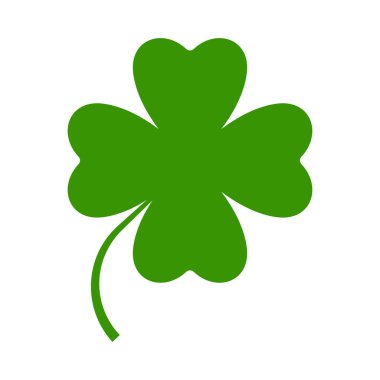 Düz yonca ikonu. Clover 4 logoyu terk ediyor. Yeşil çiçek sembolü. Dört katlı folyo işareti. Tebrik kartı için Aziz Patrick Günü madalyası. İrlanda geleneği motifi, süs eşyası. Vektör illüstrasyonu EPS 10.