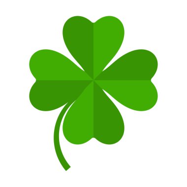 Düz yonca ikonu. Clover 4 logoyu terk ediyor. Yeşil çiçek sembolü. Dört katlı folyo işareti. Tebrik kartı için Aziz Patrick Günü madalyası. İrlanda geleneği motifi, süs eşyası. Vektör illüstrasyonu EPS 10.