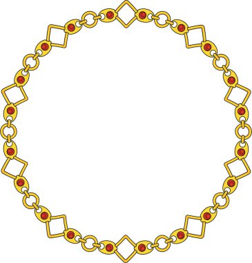 Round Chain frame. Circle chains border. Boho bracelet with pendants, rope, bow. Vintage flat cartoon vector illustration isolated on white background.