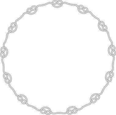 Yuvarlak halat çerçevesi beyaz arkaplanda izole edilmiş. Dekoratif halkalar ve deniz düğümleriyle bükülmüş ip. Örgülü halat dekoru. Klasik düz çizgi film vektör kenarı.