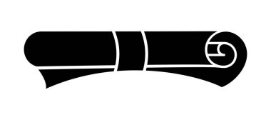 Diploma silueti düz simge. Yuvarlak kağıt, parşömen. Eğitim belgesi. Üniversite mezuniyet sertifikası Lisans, yüksek lisans veya profesör diploması. Vektör illüstrasyonu EPS 10.