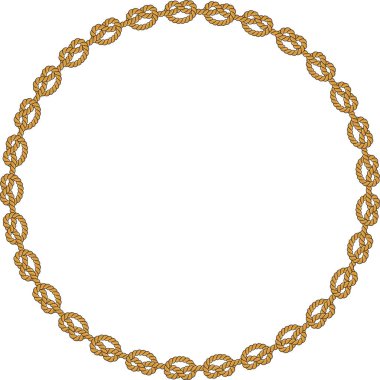 Yuvarlak halat çerçevesi beyaz arkaplanda izole edilmiş. Dekoratif halkalar ve deniz düğümleriyle bükülmüş ip. Örgülü halat dekoru. Klasik düz çizgi film vektör kenarı.