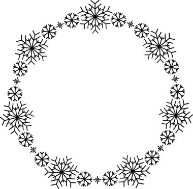 Kar tanesi dairesi çerçevesi. Sınırda kar taneleri var. Noel ve Yeni Yıl tebrik kartları ve afişler için tasarım malzemeleri. Beyaz arkaplanda tatil dekorasyonu izole edildi.