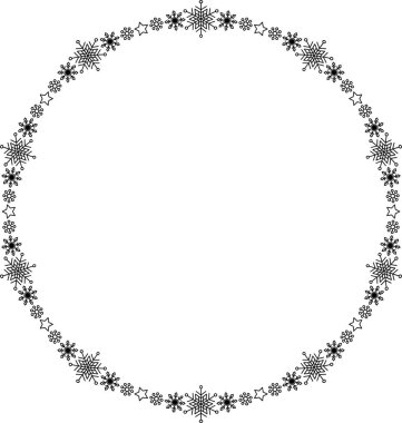 Kar tanesi dairesi çerçevesi. Sınırda kar taneleri var. Noel ve Yeni Yıl tebrik kartları ve afişler için tasarım malzemeleri. Beyaz arkaplanda tatil dekorasyonu izole edildi.