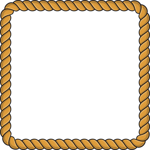 Квадратная рамка каната изолирована на белом фоне. Скрученный шнур с декоративными петлями и морскими узлами. Декор плетеной веревки. Винтажный плоский мультфильм.