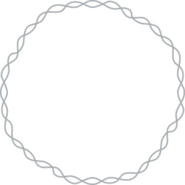 Yuvarlak halat çerçevesi beyaz arkaplanda izole edilmiş. Dekoratif halkalar ve deniz düğümleriyle bükülmüş ip. Örgülü halat dekoru. Klasik düz çizgi film vektör kenarı.