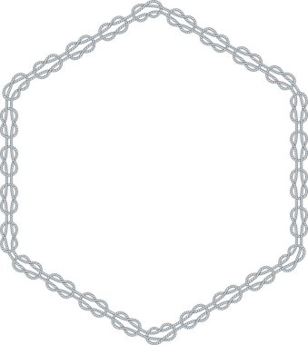 Altıgen halat çerçevesi beyaz arkaplanda izole edilmiş. Dekoratif halkalar ve deniz düğümleriyle bükülmüş ip. Örgülü halat dekoru. Klasik düz çizgi film vektör kenarı.