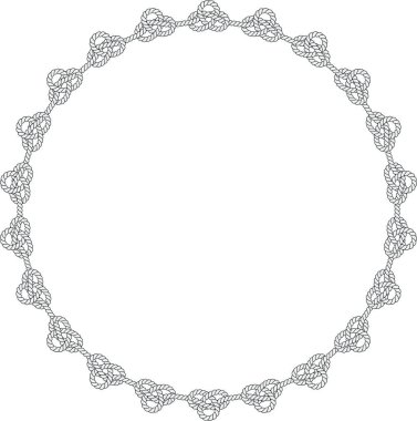 Yuvarlak halat çerçevesi beyaz arkaplanda izole edilmiş. Dekoratif halkalar ve deniz düğümleriyle bükülmüş ip. Örgülü halat dekoru. Klasik düz çizgi film vektör kenarı.