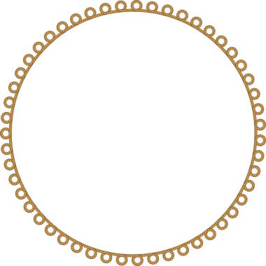 Yuvarlak halat çerçevesi beyaz arkaplanda izole edilmiş. Dekoratif halkalar ve deniz düğümleriyle bükülmüş ip. Örgülü halat dekoru. Klasik düz çizgi film vektör kenarı.