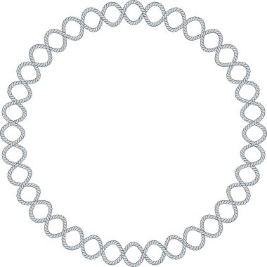 Yuvarlak halat çerçevesi beyaz arkaplanda izole edilmiş. Dekoratif halkalar ve deniz düğümleriyle bükülmüş ip. Örgülü halat dekoru. Klasik düz çizgi film vektör kenarı.