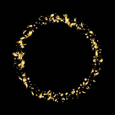 Altın yılan kurdelesi çerçevesi. Konfeti yuvarlak afişi. Yıldönümü için lüks dekorasyon, Noel ve yeni yıl kartı. Satış tasarımı için eğlenceli bir patlama, düğün davetiyesi. Vektör illüstrasyonu EPS10.