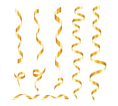 Altın konfeti. Yılan sarmalı kurdeleler. Altın lüks parti dekorasyonu. Yıldönümü, Noel ve yeni yıl kartı için. Satılık flamalar, düğün davetiyeleri. Vektör illüstrasyonu EPS10.