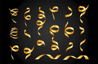 Altın konfeti. Yılan sarmalı kurdeleler. Altın lüks parti dekorasyonu. Yıldönümü, Noel ve yeni yıl kartı için. Satılık flamalar, düğün davetiyeleri. Vektör illüstrasyonu EPS10.