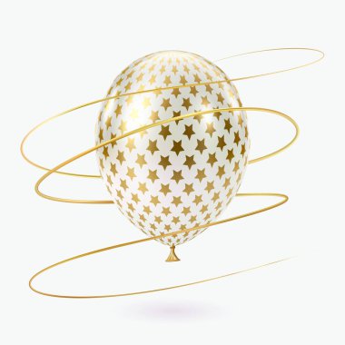 Altın beyaz balon. 3D parlak, lüks, gerçekçi balonlar. Yıldız deseni. Noel partisi, Kara Cuma, doğum günü ve yıldönümü süsü. Kutlama tasarım elemanı. Vektör illüstrasyonu, EPS 10.
