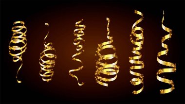 Altın konfeti. Yılan sarmalı kurdeleler. Altın lüks parti dekorasyonu. Yıldönümü, Noel ve yeni yıl kartı için. Satılık flamalar, düğün davetiyeleri. Vektör illüstrasyonu EPS10.